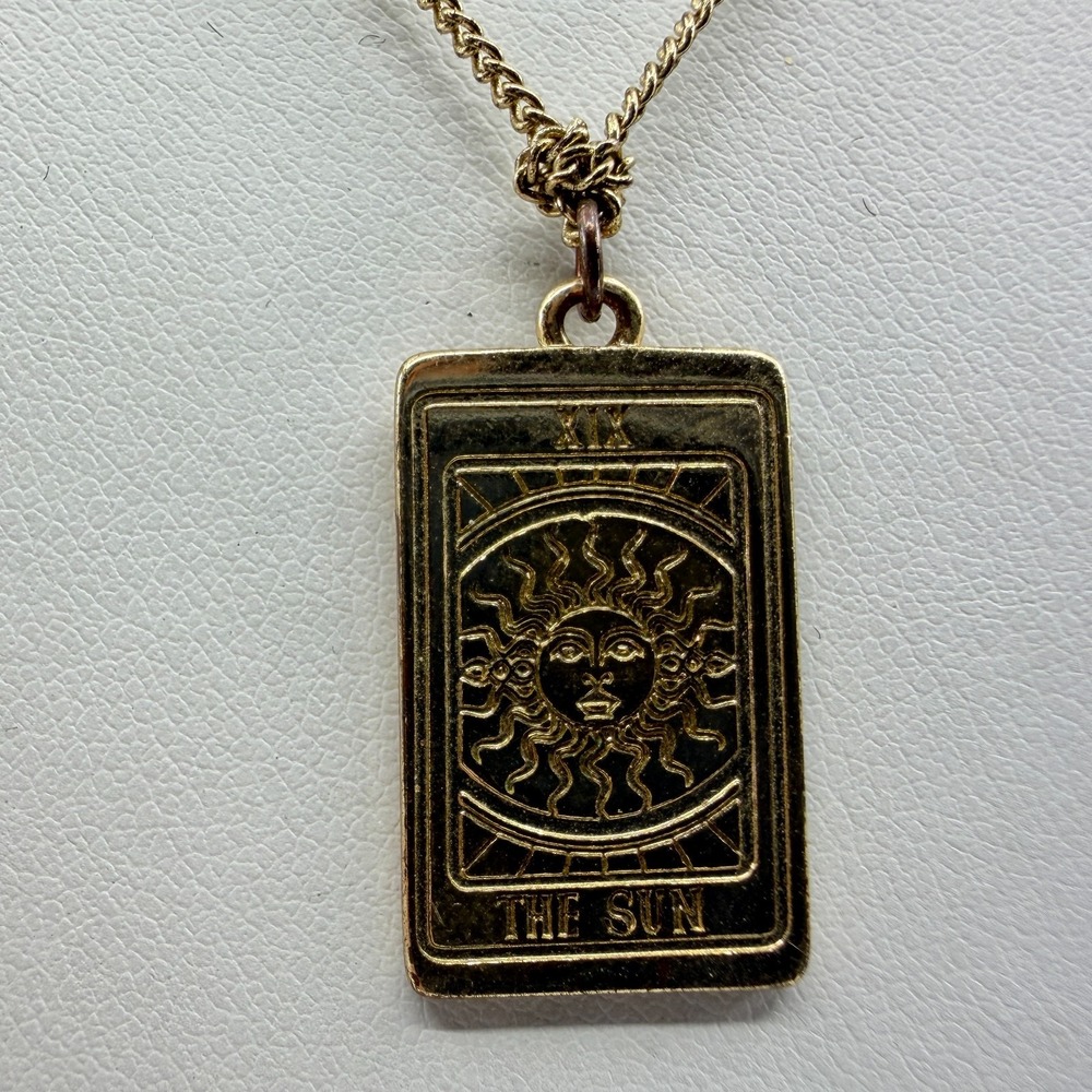 Gold Tone The Sun Tarot Card Pendant Necklace Celestial Boho Layering Jewelry